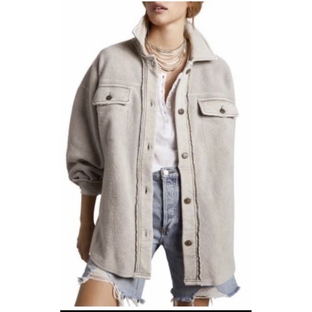Free People Ruby Oversized Shirt Jacket Stone Women's Size Medium Boho Lagenlook